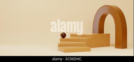 Minimales geometrisches Treppenpodium – braune Plattformstufen mit Bogenhintergrund und Kugelakzent für Produktpräsentationen, Mode- oder Kosmetikvorführungen. Moderne 3D-Szene für elegante kommerzielle Bühne Stock Vektor