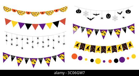 Set mit halloween-Girlanden mit Spinnen, Fledermäusen und Kürbissen. Niedliche Festgirlanden in den Farben Lila, Orange, Gelb und Schwarz Stock Vektor