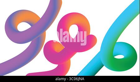 Trio der verdrehten Farbverlaufsröhren – abstrakte 3D-Flüssigkeitsformen auf schwarzem abstrakten floralen Hintergrund mit einem Band Stock Vektor