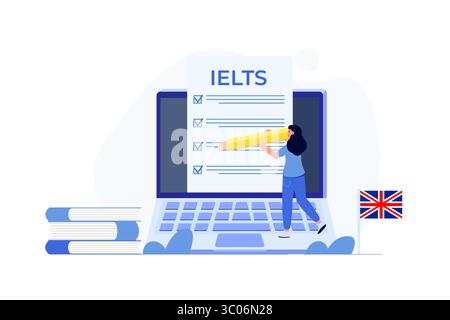 Englischprüfung und Prüfung. IELTS International English Language Testing System. Vektorabbildung. Stock Vektor