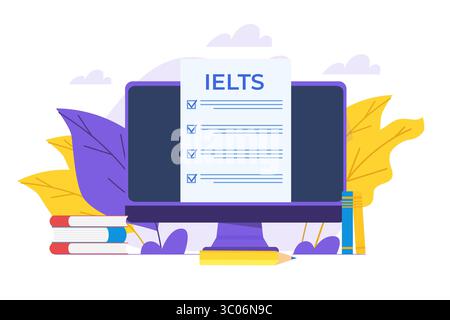 Englischprüfung und Prüfung. IELTS International English Language Testing System. Vektorabbildung. Stock Vektor