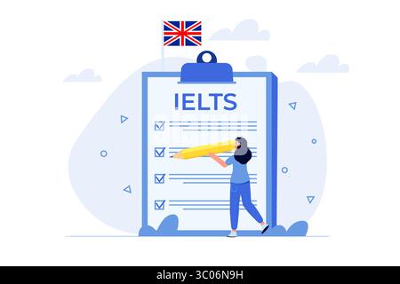 Englischprüfung und Prüfung. IELTS International English Language Testing System. Vektorabbildung. Stock Vektor