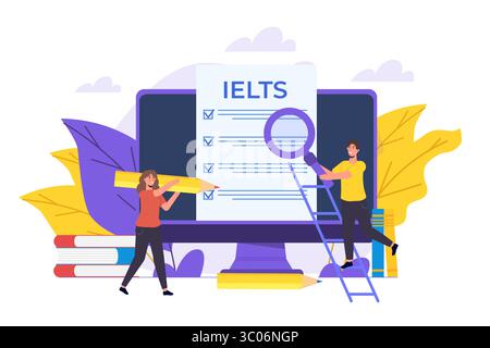 Englischprüfung und Prüfung. IELTS International English Language Testing System. Vektorabbildung. Stock Vektor