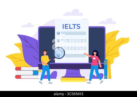 Englischprüfung und Prüfung. IELTS International English Language Testing System. Vektorabbildung. Stock Vektor