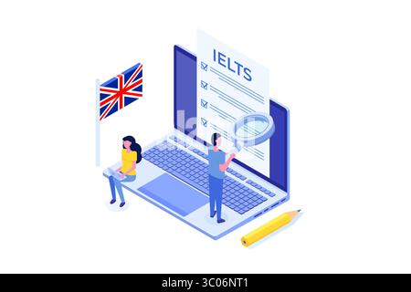 Englischprüfung und Prüfung. IELTS International English Language Testing System. Abbildung des isometrischen Vektors. Stock Vektor