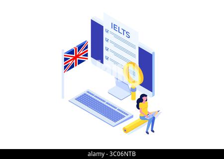 Englischprüfung und Prüfung. IELTS International English Language Testing System. Abbildung des isometrischen Vektors. Stock Vektor