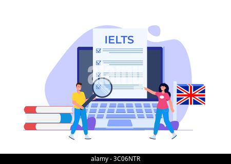 Englischprüfung und Prüfung. IELTS International English Language Testing System. Vektorabbildung. Stock Vektor