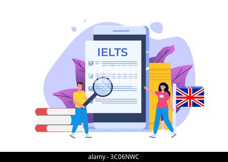 Englischprüfung und Prüfung. IELTS International English Language Testing System. Vektorabbildung. Stock Vektor