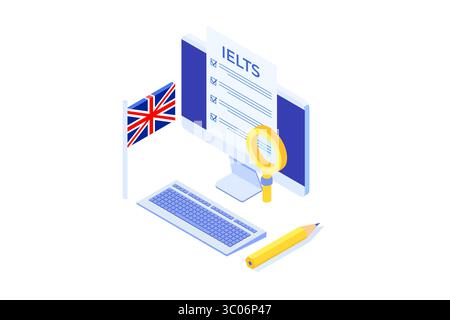 Englischprüfung und Prüfung. IELTS International English Language Testing System. Abbildung des isometrischen Vektors. Stock Vektor