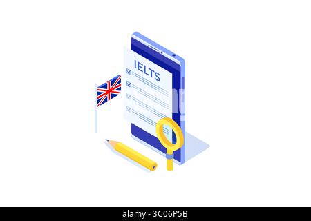 Englischprüfung und Prüfung. IELTS International English Language Testing System. Abbildung des isometrischen Vektors. Stock Vektor