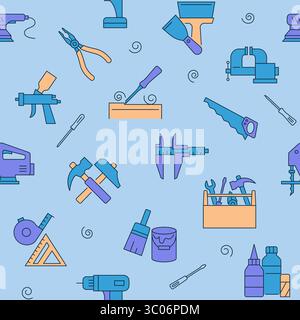 Nahtloses Muster mit Reparaturwerkzeugen. Zimmermannswerkzeuge, Holzbearbeitungsgeräte Hintergrund. Vektorabbildung. Stock Vektor