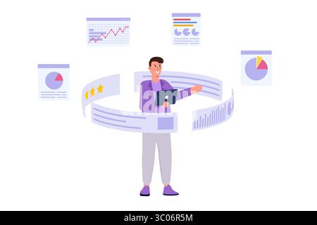 Data Scientist-Konzept. Datenanalysen recherchieren und arbeiten gemeinsam an einem Bericht mithilfe von Diagrammen und einem Dashboard auf einem Monitor. Vektorabbildung. Stock Vektor