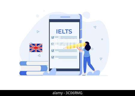 Englischprüfung und Prüfung. IELTS International English Language Testing System. Vektorabbildung. Stock Vektor