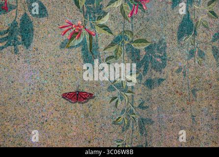 Frühlingstapete, Acrylfarbe Landschaftsgemälde auf Leinwand bunt von Trompetenblumen, Schmetterling auf Wand Textur Hintergrund. Malerische Blume Orange c Stockfoto