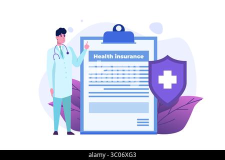 Krankenversicherungsdienstkonzept. Zwischenablage mit medizinischem Dokumentenformular. Vektorabbildung Stock Vektor