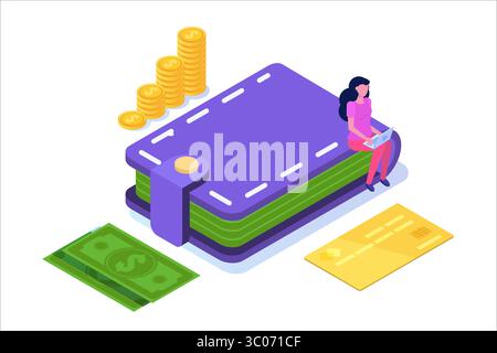 Geldbörse mit Kreditkarten, Münzen, Bargeld-Symbol. Abbildung des isometrischen Vektors. Stock Vektor