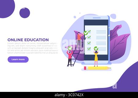 Online-Prüfung oder -Prüfung, E-Lernen, Internet-Quiz, Online-Schulungskonzept. Vektorabbildung. Stock Vektor