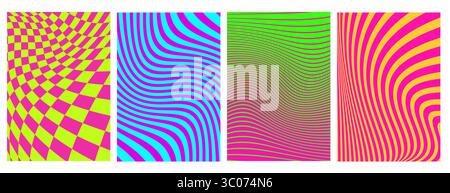Psychedelische optische Illusionshintergründe - lebendige Wellenmuster mit Neonfarben, verzerrtes Schachbrett, fließende Streifen. Trippige visuelle Effekte für Retro-Poster, hypnotisches und grooviges Kunstdesign Stock Vektor