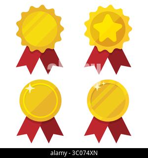 Bunte Vektor-Illustration der goldenen Award-Medaillen mit roten Bändern, geeignet für Errungenschaften, Zertifikate oder Spiele, ideal für Trophäen, Sport und Ehre. Goldmedaillensymbol. Siegerabzeichen. Flaches Preisband. Comic-Trophäenvektor. Prämienmedaille für das Spiel. Stock Vektor