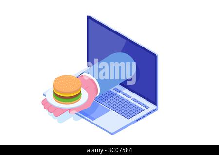 Bestellen Sie Lebensmittel online, Fastfood-Lieferung isometrisches Konzept. Vektorabbildung Stock Vektor