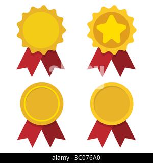 Set aus vier flachen Goldmedaillen mit roten Bändern, die Belohnung, Erfolg und Erfolg symbolisieren. Sammlung goldener Zeichentrickabzeichen für Gewinner, Ehre, Preis oder Wettbewerb. Vektor-Illustration von Gold Award Icons mit Bandelementen, die für Anerkennung und Ranking verwendet werden. Stock Vektor