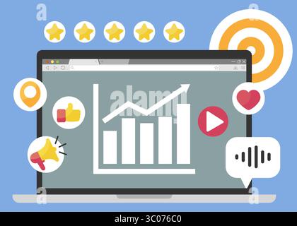 Flache Vektorgrafik eines Notebook-Bildschirms mit Social-Media-Analysen, Interaktionssymbolen und Wachstumsdiagramm. Leistungskonzept für digitales Marketing, das ein Notebook mit sozialen Statistiken und positiven Kennzahlen zeigt. Dashboard zur Analyse von Notebooks mit Symbolen für Diagramme und Social-Media-Interaktionen in modernem, flachem Stil. Stock Vektor