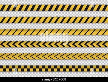 Satz realistischer gelber und schwarzer Warnbänder mit 3D-Schatten auf transparentem Hintergrund. Ideal für Sicherheitskonstruktionen, Warnschilder oder Baubereiche. Perfekt für Overlays in Bannern, Warnhinweisen oder digitalen Designs. Stock Vektor
