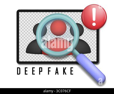 Vektorillustration der Deepfake-Erkennung mit Vergrößerungsglas über digitalen Gesichtern, die Identitätsüberprüfung und Warnung vor KI-generierten Inhalten symbolisiert. Illustration zur Erkennung von KI-DeepFake. Symbol für gefälschte Identitätswarnung. Symbol für digitales Betrugsscannen. Lupe auf synthetischen Medien. Konzept der Gesichtsprüfung. Stock Vektor