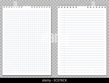 Realistische Vektordarstellung von zwei sauberen spiralförmigen Notizbuchseiten, eine mit blauem Diagrammpapier und ein liniertes Blatt. Isoliert auf transparentem Hintergrund. Perfekt für Mockups, Präsentationen oder Vorlagen. Hintergrund Des Diagrammpapiers. Vorlage Für Liniertes Papier. Spiral Notizbuch Mockup. Leere Notizseite. Schulpapier. Stock Vektor