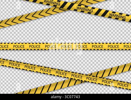 Realistische gelbe Polizei- und Warnbänder mit schwarzem Text und Streifen auf transparentem Hintergrund, für die Gestaltung von Tatorten oder Gefahrenbereichen. Polizeilinienvektor. Schutzband isoliert. Warnband Set. Tatortband. Gelber Gefahrenrand. Stock Vektor