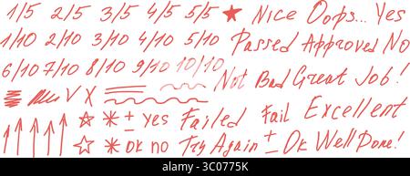 Prüfungsstufe 5 und 10 Punkte Bewertungssystem markiert Doodle Style Set. Schultest Ergebnisse handgezeichnete Singen. Lehrer-Scores von Schüleraufgaben. Vektor h Stock Vektor