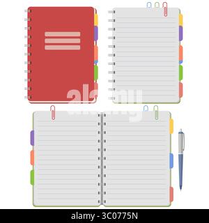 Vektor-Illustration eines spiralförmigen Notizbuchs mit bunten Trennlaschen, linierten Seiten, Büroklammern und Stift, dargestellt in verschiedenen offenen und geschlossenen Positionen. Strukturiertes Layout für Planungs-, Journalisierungs- oder Notizkonzepte. Stock Vektor
