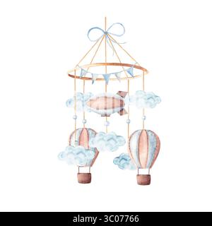 Watercolor Baby Cradle Mobile mit Luftschiff oder beweglichen und Heißluftballons fliegen in Wolken. Handgezeichnete Illustration in Pastellfarben von Kindern Stockfoto