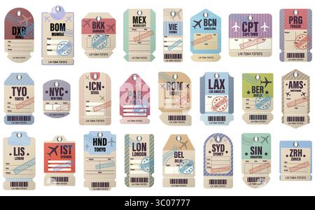 Eine Sammlung von farbenfrohen Vintage-Reisegepäcketiketten mit internationalen Flughafencodes und Barcode-Etiketten. Set mit wunderschönem Vintage-Gepäckanhänger. Retro-Reiseetiketten. Airport Tag Vektor Design. Retro-Reiseaufkleber-Set. Internationales Gepäcketikett. Flugcode-Grafikpaket. City Airport Abkürzung Art. Stock Vektor