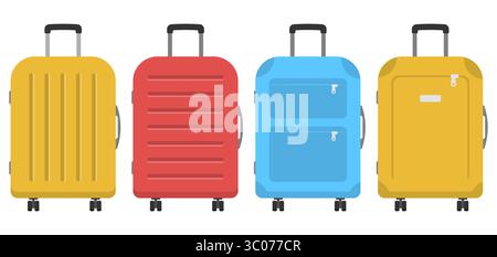 Sammlung von bunten Koffern mit Rädern, die Flugreisen, Urlaub und Tourismus in flachem Design symbolisieren. Perfekt für Urlaubs-, Gepäck-, Flughafen- und Reisekonzepte in Grafikprojekten oder Reise-Websites. Buntes Gepäckset. Vektor für flachen Koffer. Moderne Reisetaschen. Rollender Reisekoffer. Minimalistisches Reisesymbol. Stock Vektor