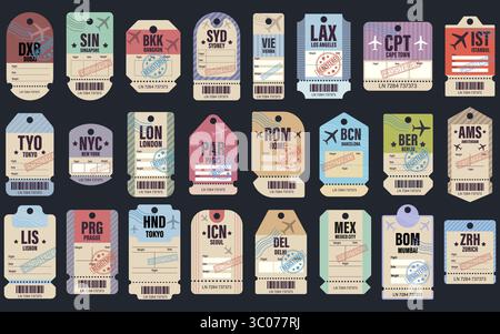 Reisetafeln aus internationalen Städten, perfekt für Tourismus, Poster, Karten und Designelemente. Set mit wunderschönem Vintage-Gepäckanhänger. Retro-Reiseetiketten. Retro-Gepäckanhänger für Reisegepäck. Vintage-Code-Aufkleber für Flughäfen. Internationales Zieletikett. Code-Vektor Flughafen. Poster-Elemente für Reisen. Stock Vektor