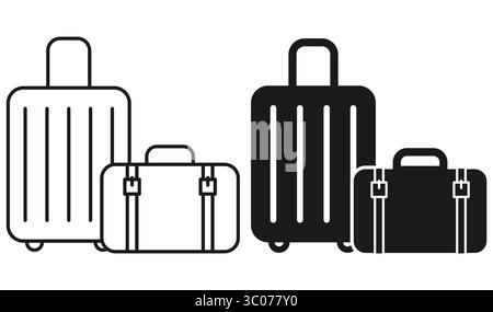 Flache Vektor-Gepäckabbildung mit umrissenen und gefüllten Symbolen, ideal für UI UX-Design, Verpackungsleitfäden und Travel Branding. Modernes schwarz-weißes Gepäcksymbol-Set mit Koffer und Aktentasche im klaren Vektorstil für Web- und Druckzwecke. Stock Vektor