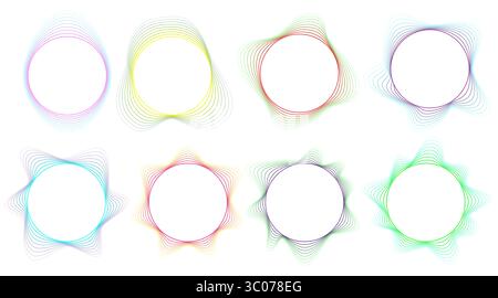 Set aus farbenfrohen abstrakten runden Rahmen mit Wellendesign. Verlaufsformen eignen sich perfekt für modernes Branding, Poster und kreative Vorlagen. Farbenfroher abstrakter Rahmen. Verlaufende Kreisform. Geometrischer Wellenrand. Neonkonturdesign. Leuchtende, kreisförmige Kontur. Stock Vektor