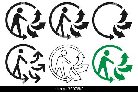 Eine Reihe von stilisierten Recycling-Symbolen für menschliche Figuren mit kreisförmigen Pfeilen in verschiedenen Stilen und Farben. Ideal für Nachhaltigkeits-, Umwelt- und Abfalltrennkonzepte. Symbol für Recycling. Umweltfreundliches Symbol. Kreispfeil man. Grafischer Vektor für Nachhaltigkeit. Umweltfreundliches Lifestyle-Design. Stock Vektor