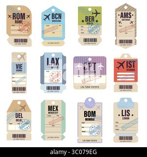 Farbenfrohe und dekorative Reiseetiketten mit Abkürzungen für die Stadt, ideal für Poster, Karten und Reisedesigns. Eine Sammlung von Gepäckanhängern im Vintage-Stil, die globale Flughafencodes wichtiger Reiseziele darstellen. Flughafen Gepäckanhänger Vektor. Stadtcode-Design für Reisen. Vintage-Gepäcketiketten. Internationale Reiseanhänger. Retro-Flughafenaufkleber. Stock Vektor
