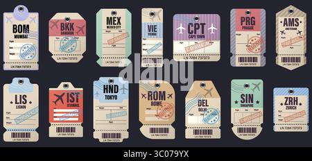 Vektor-Illustration von bunten Flughafen-Gepäckanhänger mit internationalen City-Codes und eingetragenen Briefmarken. Ideal für Reisedesign, Tourismusmarketing und Projekte im Verkehrsbereich. Set von Reiseetiketten mit globalen Abkürzungen für Städte und Grunge-Markierungen Stock Vektor