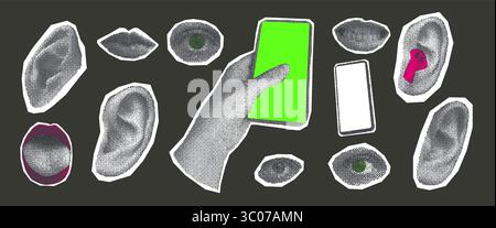 Halbtonohren, Augen, Lippen Collage Set. Ausgeschnittene Handaufkleber für mobile Medien. Smartphones mit leerem Bildschirm und Mund. Vektorillustraten Stock Vektor