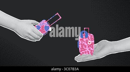 Reisecollage mit Halbtonhänden und flachen, lebendigen Koffern. Menschliche Handflächen mit Gepäck. Vektor Reise Illustration Tourismus Elemente. Stock Vektor