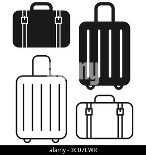 Set aus minimalistischen Schwarz-weiß-Symbolen für verschiedene Koffer- und Reisetaschen. Symbolsatz Reisegepäck. Illustration Koffer Vektor. Schwarz-weiße Reisesymbole. Piktogramm für minimalen Beutel. Gepäck und Koffer Icons Set Schwarz-weiß Vektor Stock Vektor