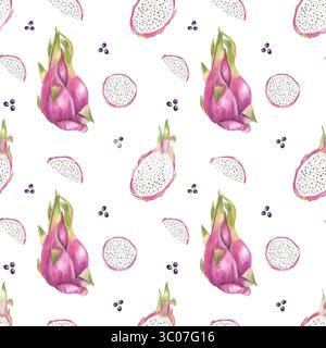 Aquarell tropisches rosa pitaya nahtloses Muster isolierter Hintergrund. Saftige Drachenfrüchte und in Scheiben geschnittene Stücke mit weißem Fleisch und schwarzem Samen Stockfoto