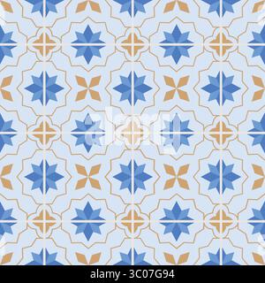 Nahtloses Muster mit blauen Fliesen im orientalischen Stil. Niedliches marokkanisches Blumenmuster mit schlichtem geometrischem Muster. Stock Vektor