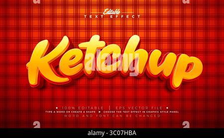 Ketchup 3D-Texteffekt Design bearbeitbarer und skalierbarer Vektor-Grafikeffekt mit 3D-Schriftzug aus roter Tomate und gelber Schrift auf kariertem Hintergrund Stock Vektor