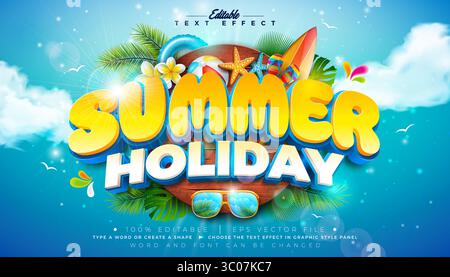 3D-Texteffekt-Design für Sommerurlaub bearbeitbarer und skalierbarer Vektor-Grafikeffekt mit Strandelementen und tropischen Palmenblättern auf blauem bewölktem Himmel Stock Vektor