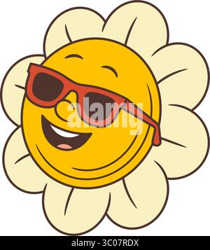 Retro-Blumenfigur mit stylischer Sonnenbrille und einem verspielten und selbstbewussten Lächeln. Ideal für Sommerthemen, Social-Media-Beiträge und lustige Werbeaktionen. Stock Vektor