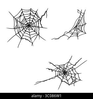 Spinnennetz, Satz Silhouetten, Skizze mit schwarzer und weißer Tinte. Vektorabbildung. Traditionelle Einrichtung ist eine Halloween-Feier, isoliert auf einem weißen Stock Vektor